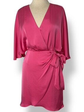 Ramy Brook Pink Satin Alexis Short Mini Dress Flutter Sleeves Tie V-Neck Sz 0